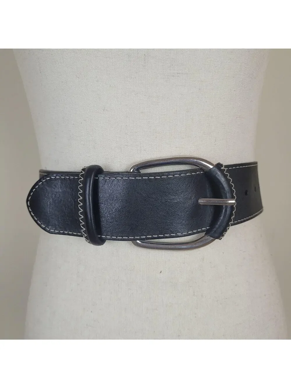 Talbots Belt Medium Black Leather Contrast Stitch Silver Buckle Boho Equestrian